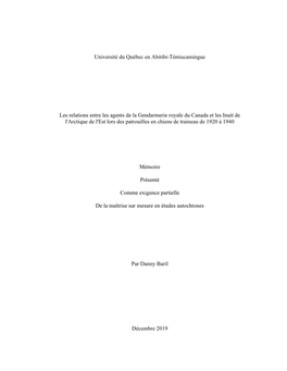 Les Relations Entre Les Agents De La Gendarmerie Royale Du Canada Et Les Inuit De L'arctique De L'est Lors Des Patrouilles En Chiens De Traineau De 1920 À 1940