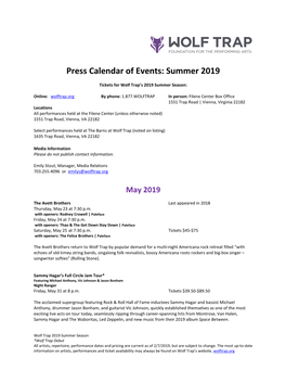 Press Calendar of Events: Summer 2019