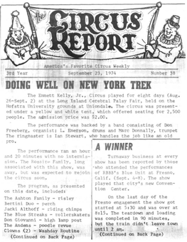 Circus Report, September 23, 1974, Vol. 3, No. 38