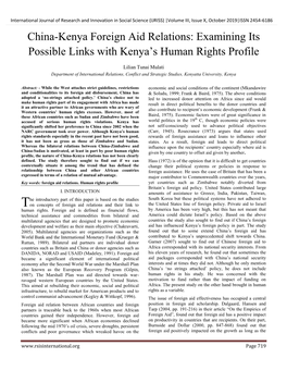 China-Kenya Foreign Aid Relations: Examining Its Possible Links with Kenya‟S Human Rights Profile