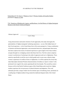 Narratives of Motherwork, Agency, and Resilience: an Oral History of Afghan Immigrant Mothers in the Pacific Northwest Diaspora