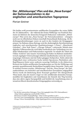 „Mitteleuropa“-Plan Und Das „Neue Europa“ Der Nationalsozialisten in Der Englischen Und Amerikanischen Tagespresse