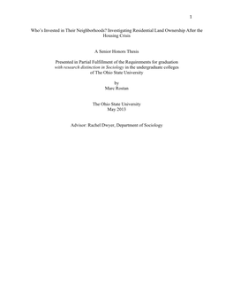 Investigating Residential Land Ownership After the Housing Crisis a Senior Honors