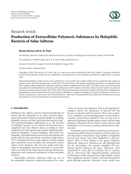 Production of Extracellular Polymeric Substances by Halophilic Bacteria of Solar Salterns