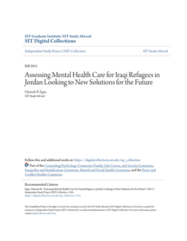 Assessing Mental Health Care for Iraqi Refugees in Jordan Looking to New Solutions for the Future Hannah B