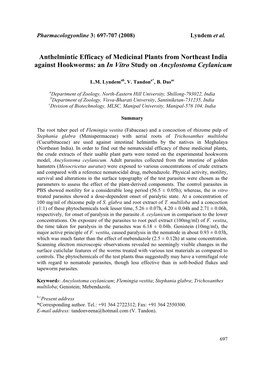 Anthelmintic Efficacy of Medicinal Plants from Northeast India Against Hookworms: an in Vitro Study on Ancylostoma Ceylanicum