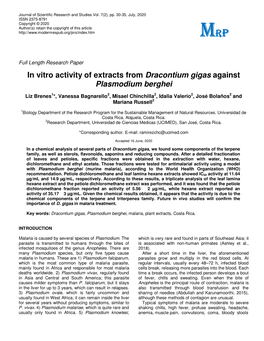 In Vitro Activity of Extracts from Dracontium Gigas Against Plasmodium Berghei