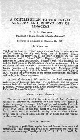 A Contribution to the Floral Anatomy and Embryology of Linaceae