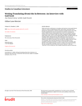 Writing-Translating (From) the In-Between: an Interview with Gail Scott an Interview with Gail Scott Gillian Lane-Mercier