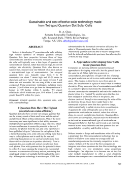 Sustainable and Cost Effective Solar Technology Made from Tetrapod Quantum Dot Solar Cells