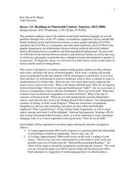 History 715 | Readings in Nineteenth Century America, 1815-1880S Spring Semester, 2015 | Wednesday, 1:30-3:20 Pm, 81 Wall St