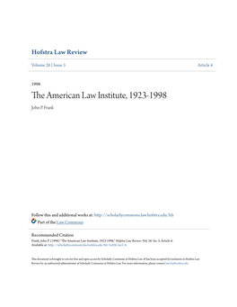 The American Law Institute, 1923-1998 John P