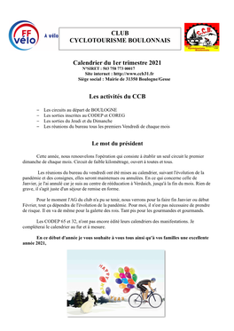 Calendrier Du 1Er Trimestre 2021 Les Activités Du CCB CLUB