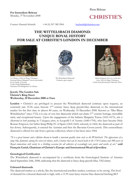 The Wittelsbach Diamond: Unique Royal History for Sale at Christie’S London in December