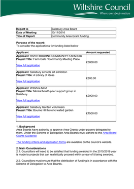 Report to Salisbury Area Board Date of Meeting 10/11/2016 Title of Report Community Area Grant Funding