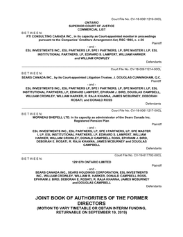 Joint Book of Authorities of the Former Directors (Motion to Vary Timetable Or Obtain Interim Funding, Returnable on September 19, 2019) 2