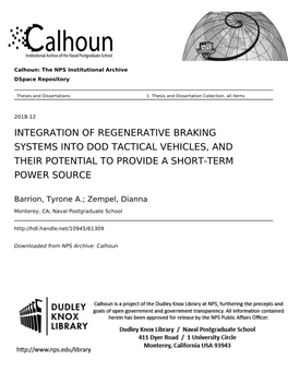 Integration of Regenerative Braking Systems Into Dod Tactical Vehicles, and Their Potential to Provide a Short-Term Power Source