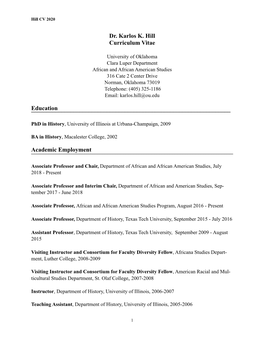 Dr. Karlos K. Hill CV (October 2020)