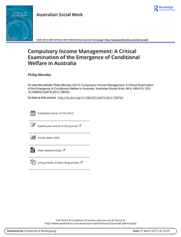 Compulsory Income Management: a Critical Examination of the Emergence of Conditional Welfare in Australia