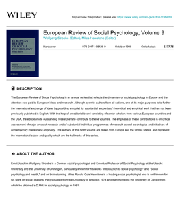 European Review of Social Psychology, Volume 9 Wolfgang Stroebe (Editor), Miles Hewstone (Editor)