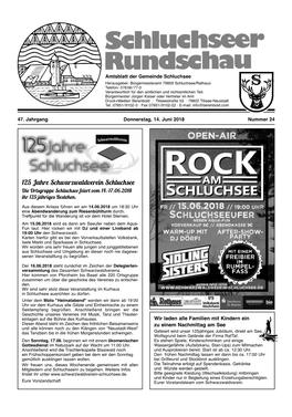 125 Jahre Schwarzwaldverein Schluchsee Die Ortsgruppe Schluchsee Feiert Vom 14.-17.06.2018 Ihr 125 Jähriges Bestehen