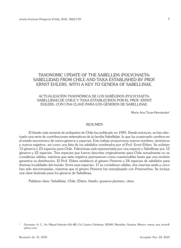 Taxonomic Update of the Sabellids (Polychaeta: Sabellidae) from Chile and Taxa Established by Prof. Ernst Ehlers, with a Key to Genera of Sabellinae