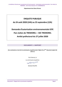 ENQUETE PUBLIQUE Du 24 Août 2020 (14H) Au 23 Septembre (12H) Demande D'autorisation Environnementale ICPE Parc Éolien De TR