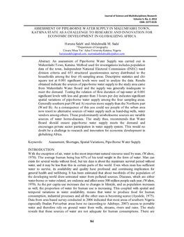 84 Assessment of Pipe-Borne Water Supply in Malumfashi Town, Katsina State As a Challenge to Research and Innovation for Economi