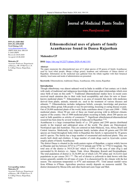 Ethnomedicinal Uses of Plants of Family Acanthaceae Found in Dausa