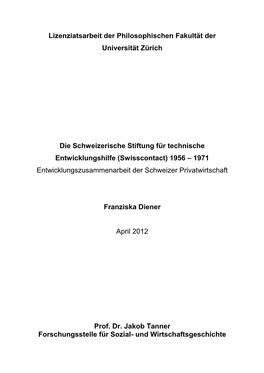Frühgeschichte Der Schweizerischen Stiftung Für Technische