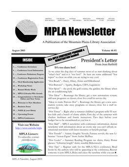 August 2003 a M & Volume 48 #1 ROGR NCE P ! FERE Ide! CON N Ins LA ATIO LA-MP STR INSIDE N REGI President’S Letter from Jean Hatfield 3