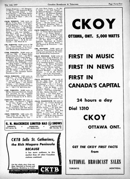 CANADA's CAPITAL Margaret Brophy - (12) Robert CJBC, TORONTO: 50,000 Watts on Carbert - (14) John Langridge - 860 Kcs