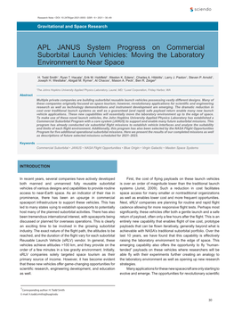 APL JANUS System Progress on Commercial Suborbital Launch Vehicles: Moving the Laboratory Environment to Near Space