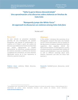 “Salta La Garra Blanca Descontrolada” Una Aproximación a Los Discursos Sobre Violencia En Hinchas De Colo-Colo