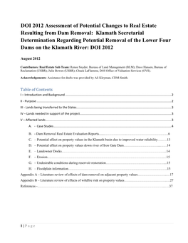 DOI 2012 Assessment of Potential Changes to Real Estate Resulting from Dam Removal: Klamath Secretarial Determination Regarding