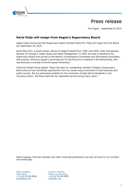 Karla Peijs Will Resign from Aegon's Supervisory Board