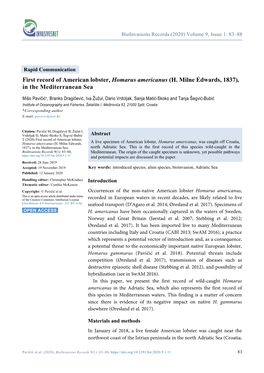 First Record of American Lobster, Homarus Americanus (H. Milne Edwards, 1837), in the Mediterranean Sea