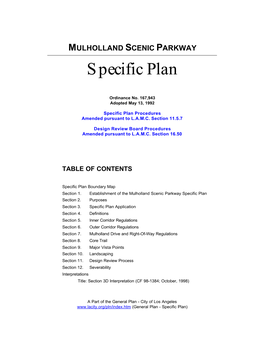 MULHOLLAND SCENIC PARKWAY Specific Plan