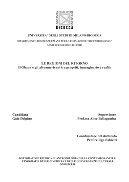 LE REGIONI DEL RITORNO Il Ghana E Gli Afroamericani Tra Progetti, Immaginario E Realtà