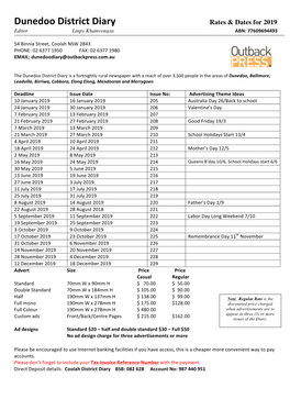 Dunedoo District Diary Rates & Dates for 2019 Editor Linpy Khamvongsa ABN: 77609694493