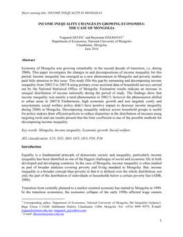 Income Inequality Changes in Growing Economies: the Case of Mongolia