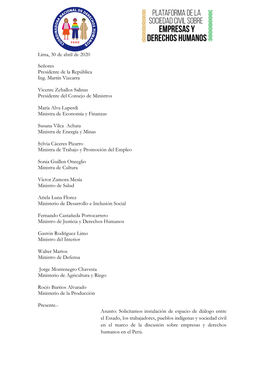 Lima, 30 De Abril De 2020 Señores Presidente De La República Ing. Martín Vizcarra Vicente Zeballos Salinas Presidente Del C