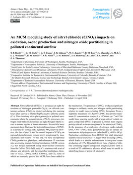 An MCM Modeling Study of Nitryl Chloride (Clno2) Impacts on Oxidation, Ozone Production and Nitrogen Oxide Partitioning in Polluted Continental Outﬂow