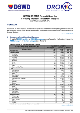 DSWD DROMIC Report #6 on the Flooding Incident in Eastern Visayas As of 19 January 2021, 6PM