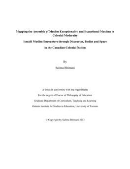 Mapping the Assembly of Muslim Exceptionality and Exceptional Muslims in Colonial Modernity Ismaili Muslim Encounters Through Di