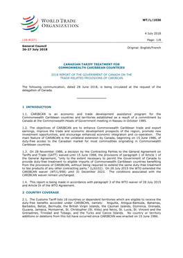 WT/L/1036 4 July 2018 (18-4137) Page: 1/8 General Council 26-27 July 2018 Original: English/French CANADIAN TARIFF TREATMENT