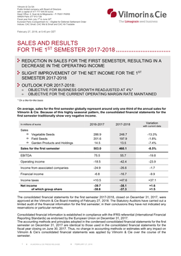 Sales and Results for the 1St Semester 2017-2018