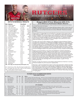 Rutgers (6-8, 0-1) Vs. Wisconsin (8-6, 0-1) Date Opponent Time/Result TV Jan 2, 2016 | 2 P.M