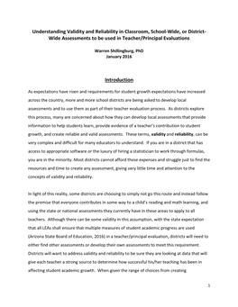 Understanding Validity and Reliability in Classroom, School-Wide, Or District- Wide Assessments to Be Used in Teacher/Principal Evaluations