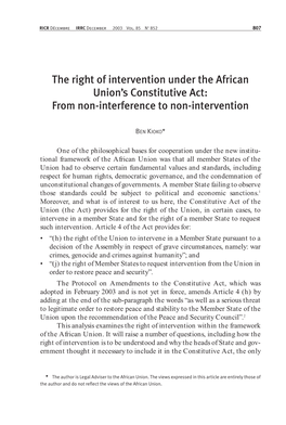 The Right of Intervention Under the African Union's Constitutive Act